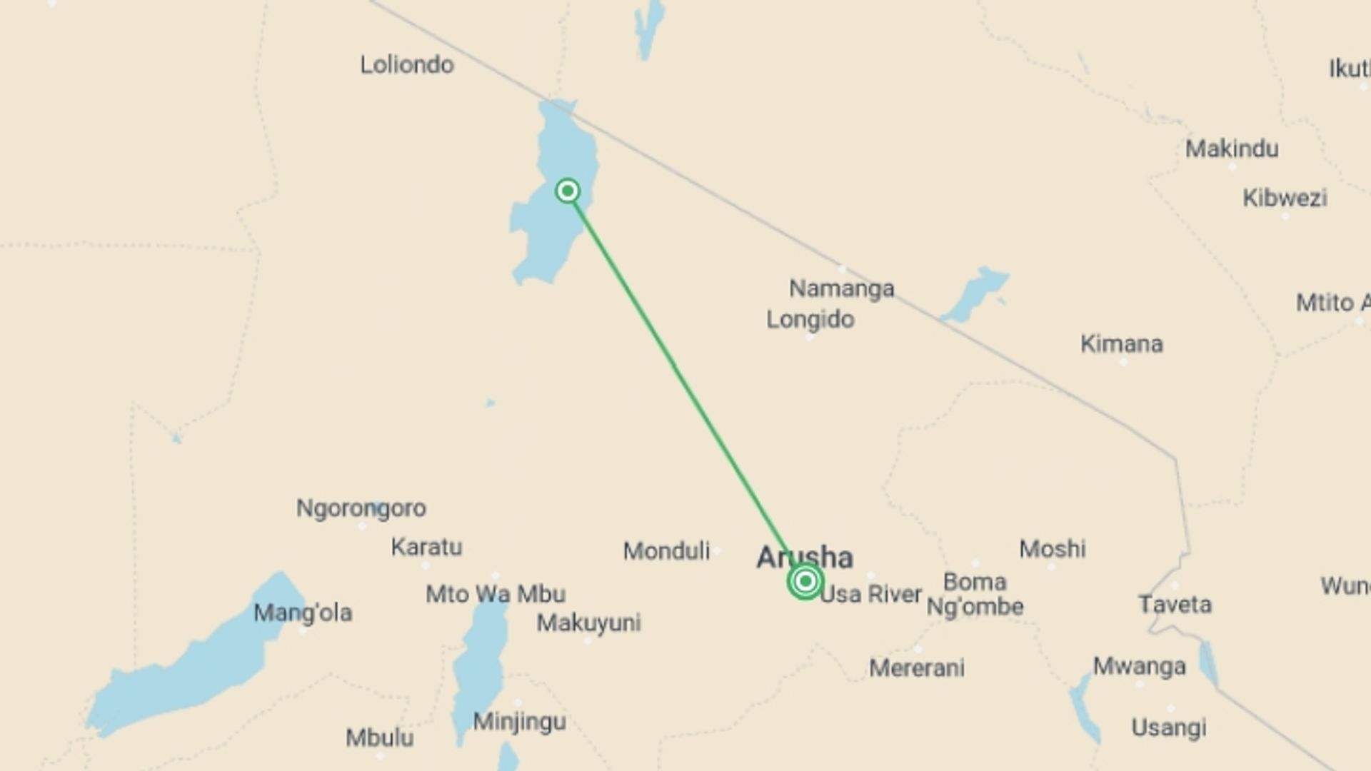 A map showing the tour itinerary for the trip: Experience Ol Doinyo Lengai - 3 Days, starting in Arusha, Tanzania and ending in Arusha, Tanzania going through 1 other destinations.