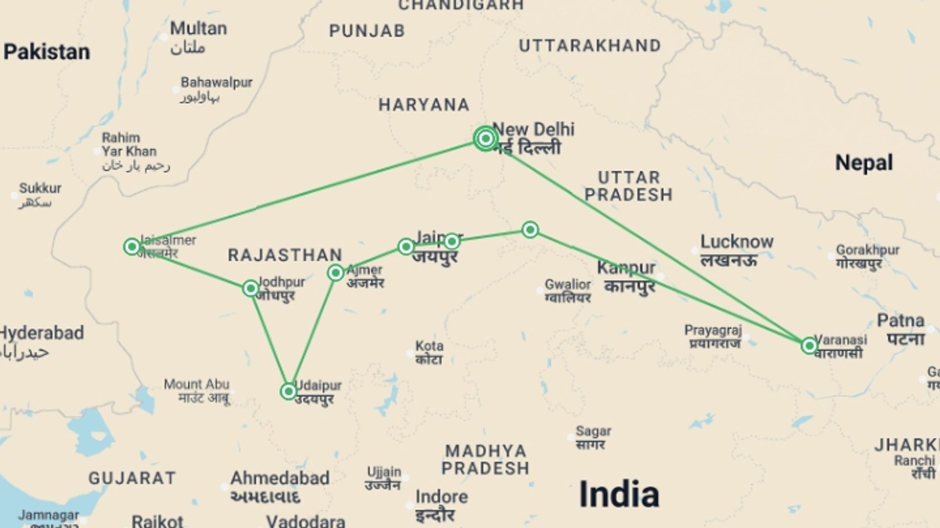 A map showing the tour itinerary for the trip: North India Revealed, starting in New Delhi, India and ending in New Delhi, India going through 8 other destinations.