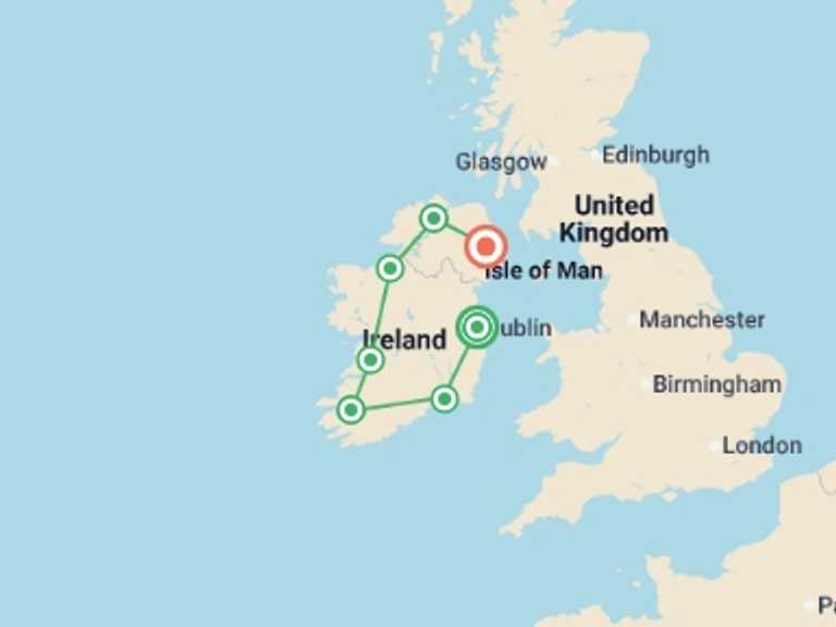 Map itinerary of Ireland Tour in March 2026 with 8 destination visits for the trip: Shades of Ireland featuring Northern Ireland