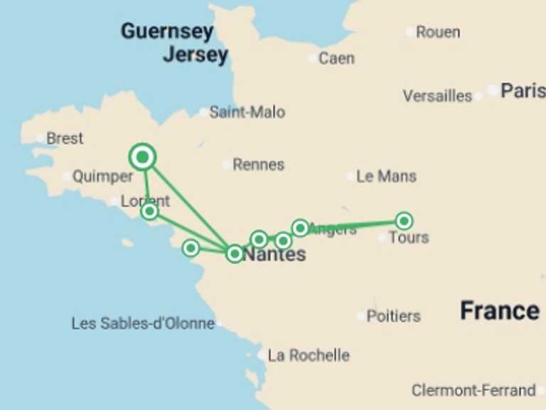 Map of Mediterranean Tour with 6 destination visits for the trip: Beautiful Brittany and Royal Opulence in the Loire (port-to-port cruise)