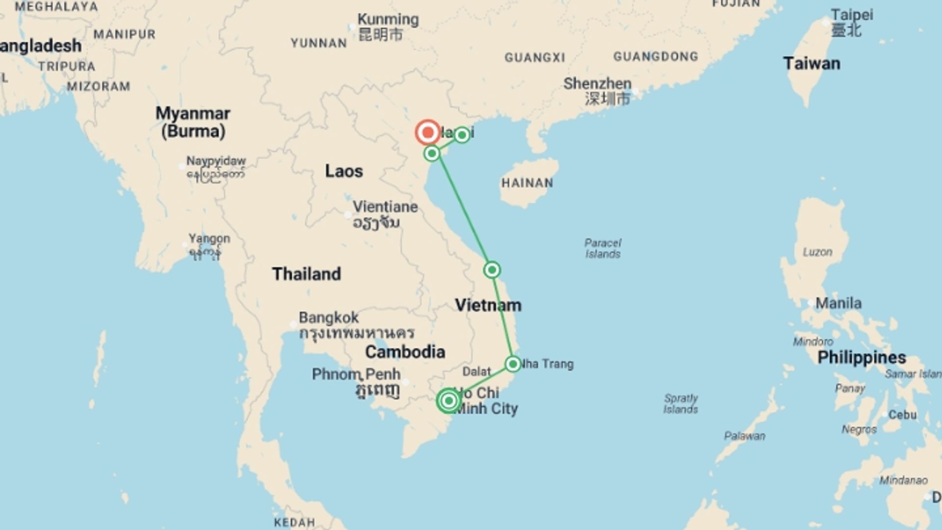 A map showing the tour itinerary for the trip: Vietnam Highlights, starting in Ho Chi Minh City, Vietnam and ending in Hanoi, Vietnam going through 4 other destinations.