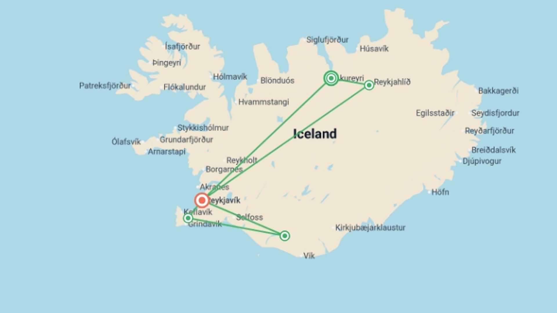 A map showing the tour itinerary for the trip: Iceland: See & Experience it all in 9 days, Luxury Tour, starting in Akureyri, Iceland and ending in Reykjavik, Iceland going through 3 other destinations.