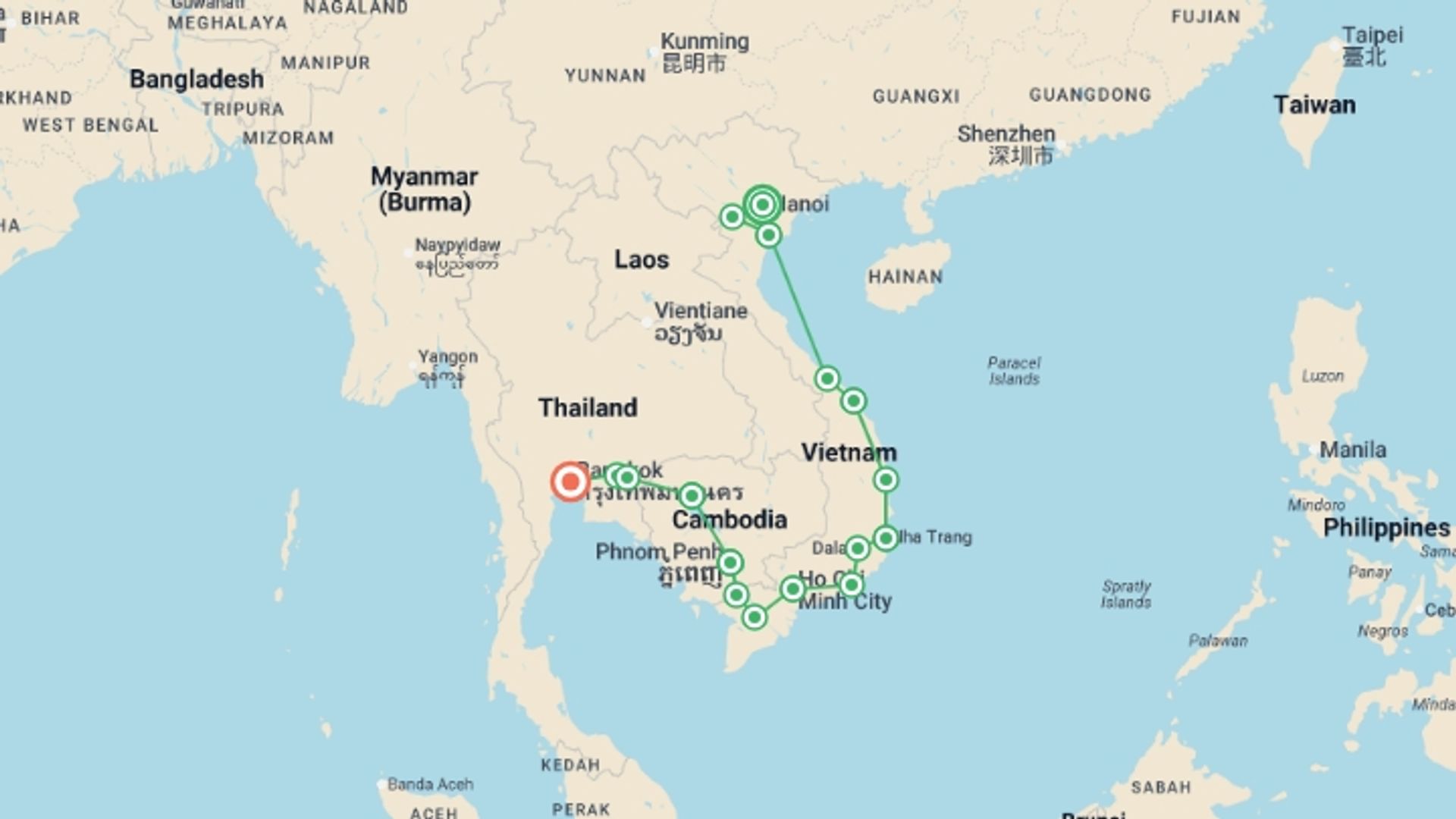 A map showing the tour itinerary for the trip: Cycle South East Asia, starting in Hanoi, Vietnam and ending in Bangkok, Thailand going through 15 other destinations.