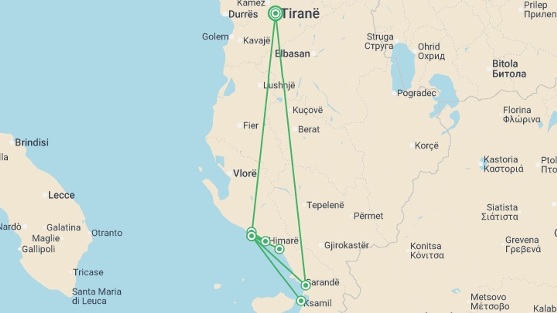 A map showing the tour itinerary for the trip: Best of the Albanian Riviera - 5 days, starting in Tirana, Albania and ending in Tirana, Albania going through 1 other destinations.