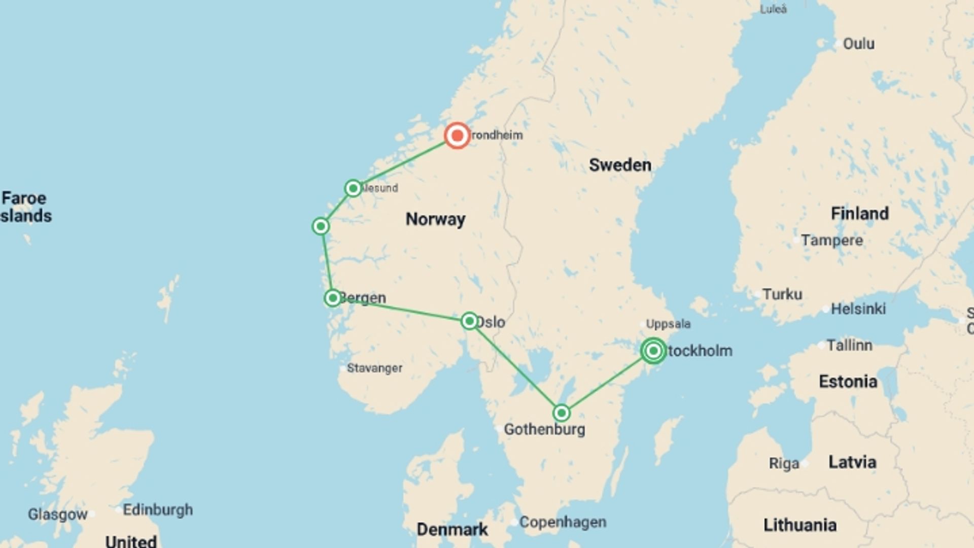 A map showing the tour itinerary for the trip: Premium Scandinavia, starting in Stockholm, Sweden and ending in Trondheim, Norway going through 5 other destinations.