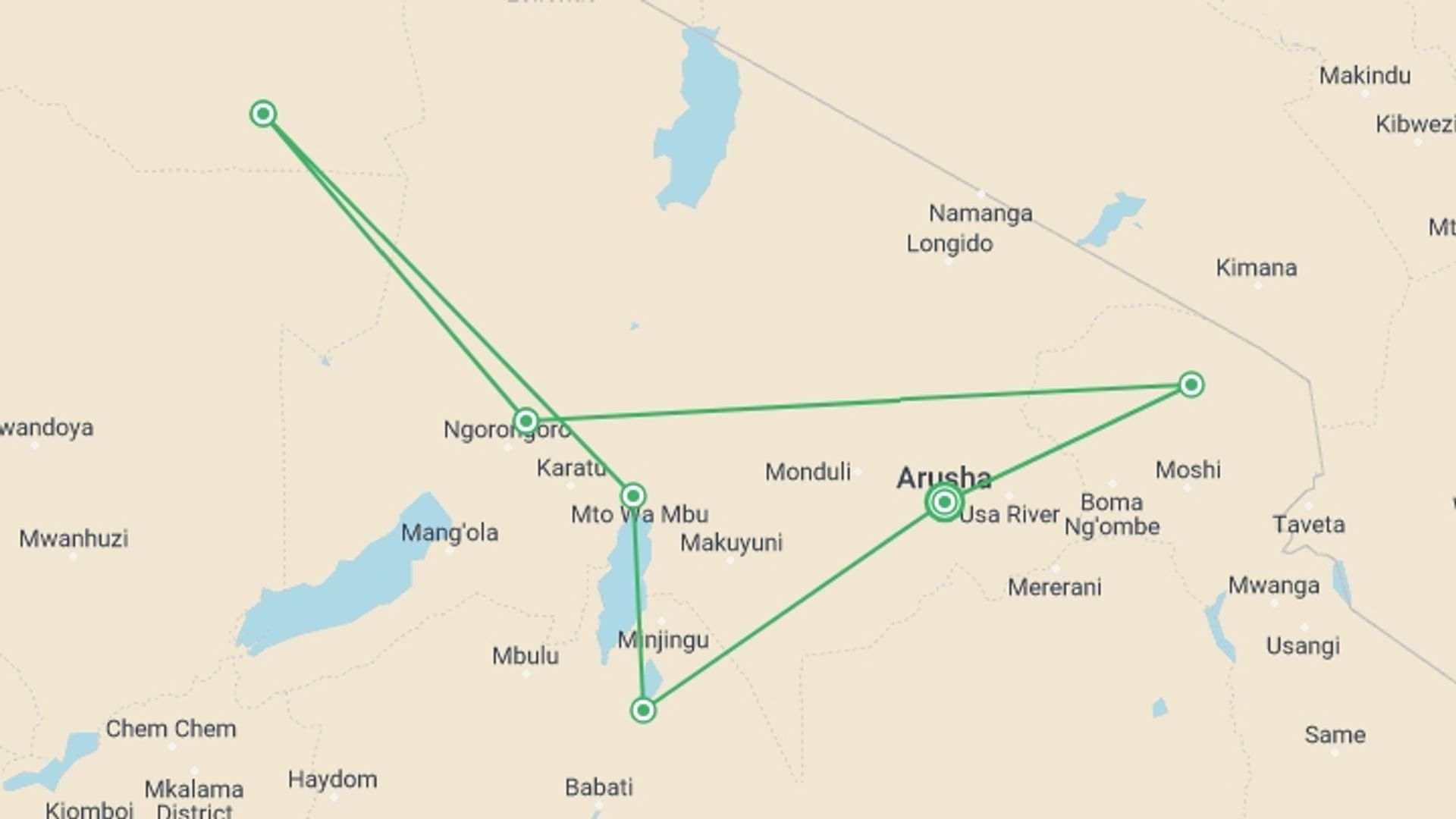 A map showing the tour itinerary for the trip: Simba Safari, Tanganyika Wilderness Camps, starting in Arusha, Tanzania and ending in Arusha, Tanzania going through 5 other destinations.