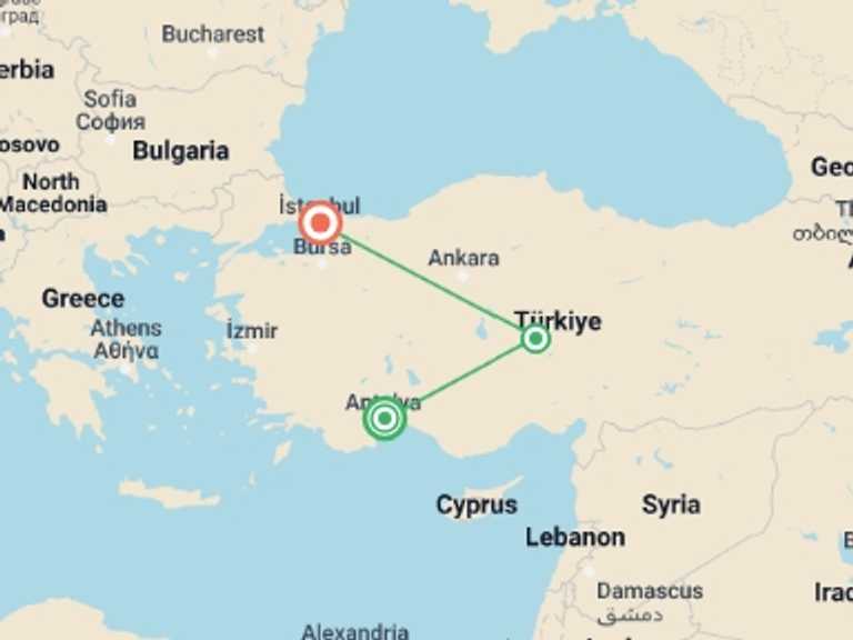 Map of a Adventure Tour with 3 destination visits for the trip: Six Days in Turkey
