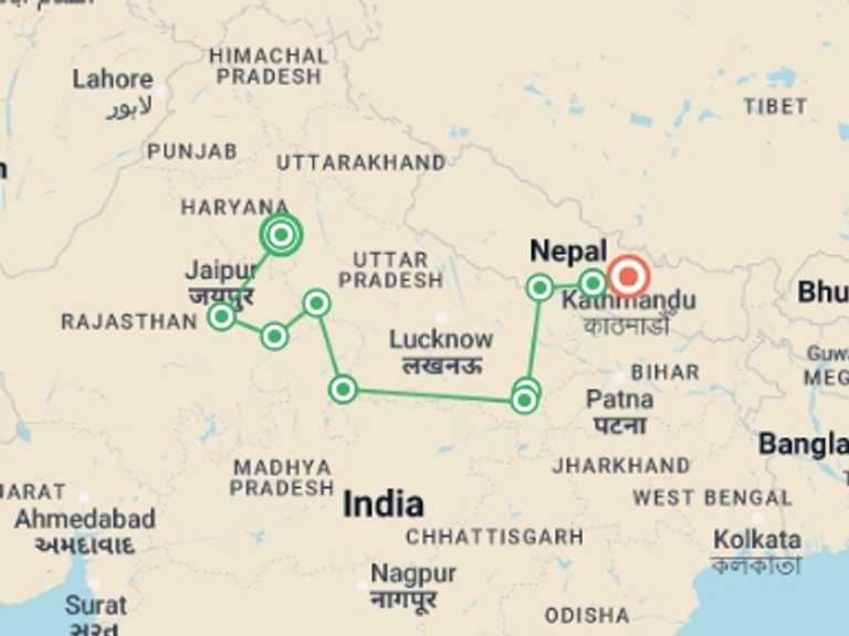 Map of New Delhi Rickshaw, cycle or local transport Tour with 10 destination visits for the trip: Highlights of India & Nepal