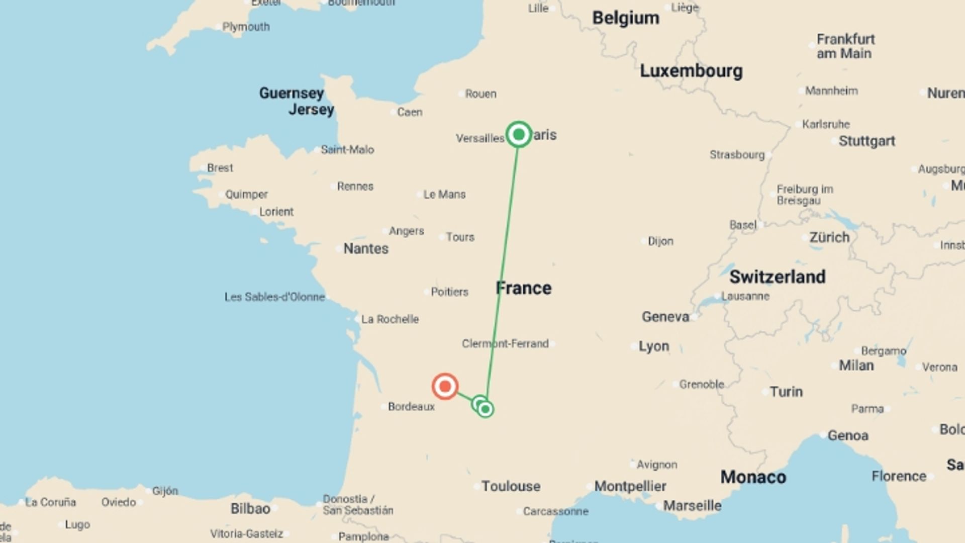 A map showing the tour itinerary for the trip: Dordogne Self-Guided Activities, starting in Paris, France and ending in Dordogne, France going through 2 other destinations.