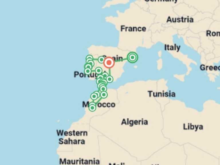 Map itinerary of Europe Tour in August 2026 with 14 destination visits for the trip: Spain, Portugal & Morocco Encompassed - 23 days