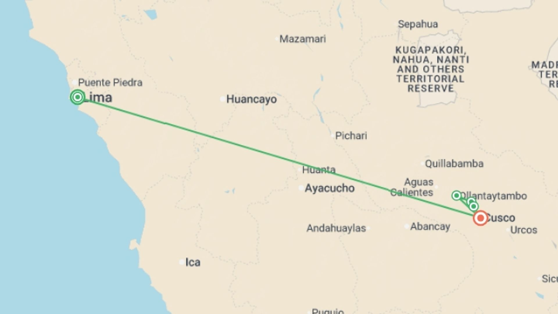 A map showing the tour itinerary for the trip: Essential Peru, starting in Lima, Peru and ending in Cusco, Peru going through 2 other destinations.