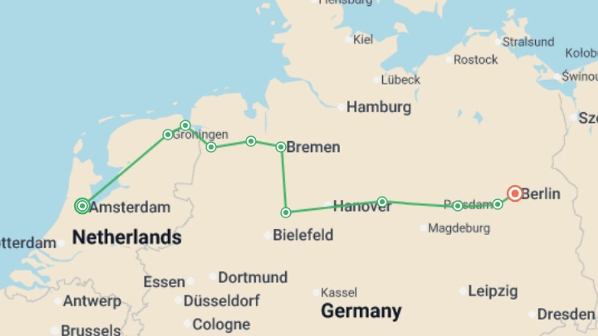 A map showing the tour itinerary for the trip: From Amsterdam to Berlin (port-to-port cruise), starting in Amsterdam, Holland and ending in Berlin, Germany going through 8 other destinations.