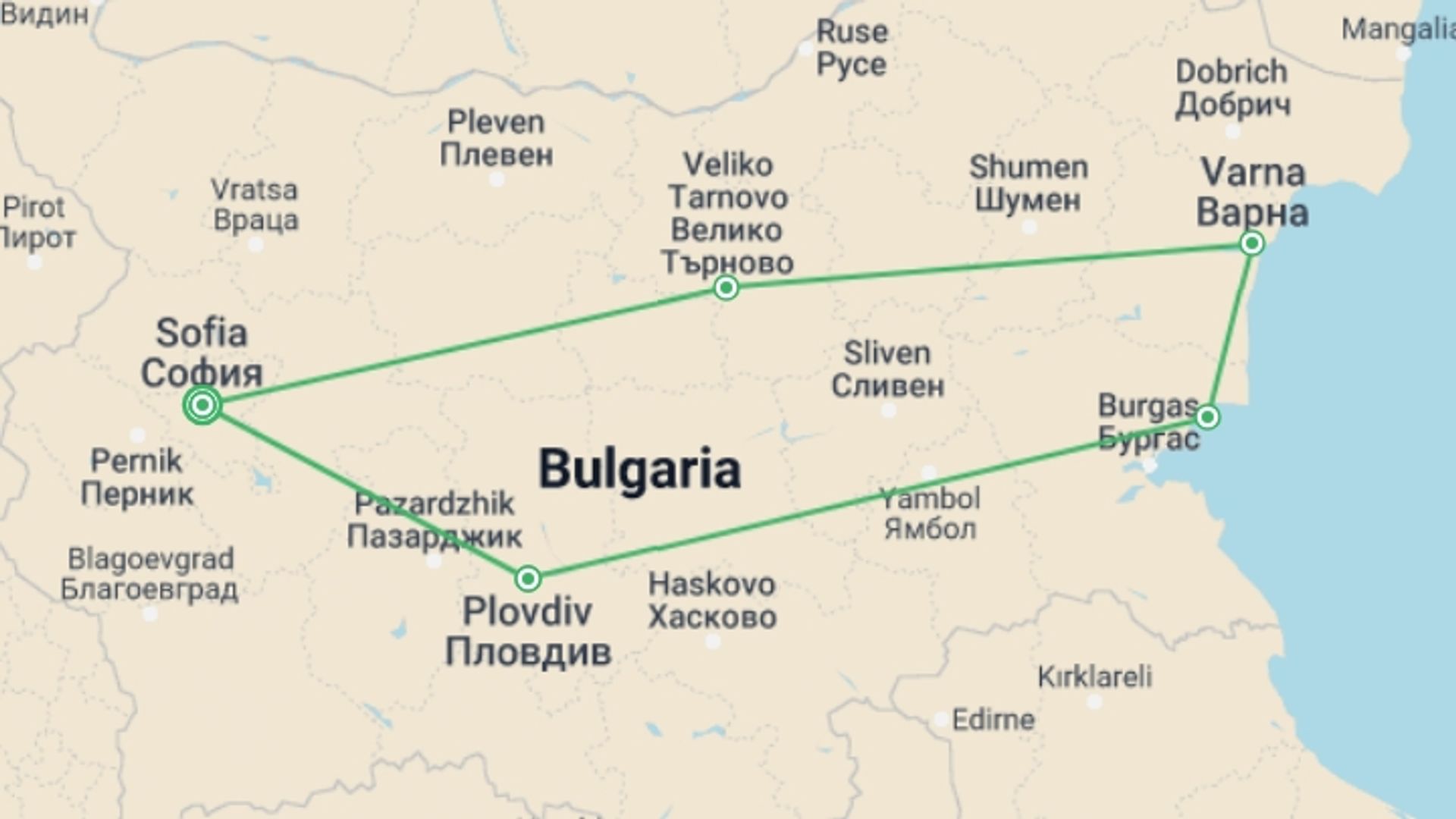 A map showing the tour itinerary for the trip: Exclusive Group (min 10 Pax): Discover Bulgaria, starting in Sofia, Bulgaria and ending in Sofia, Bulgaria going through 3 other destinations.