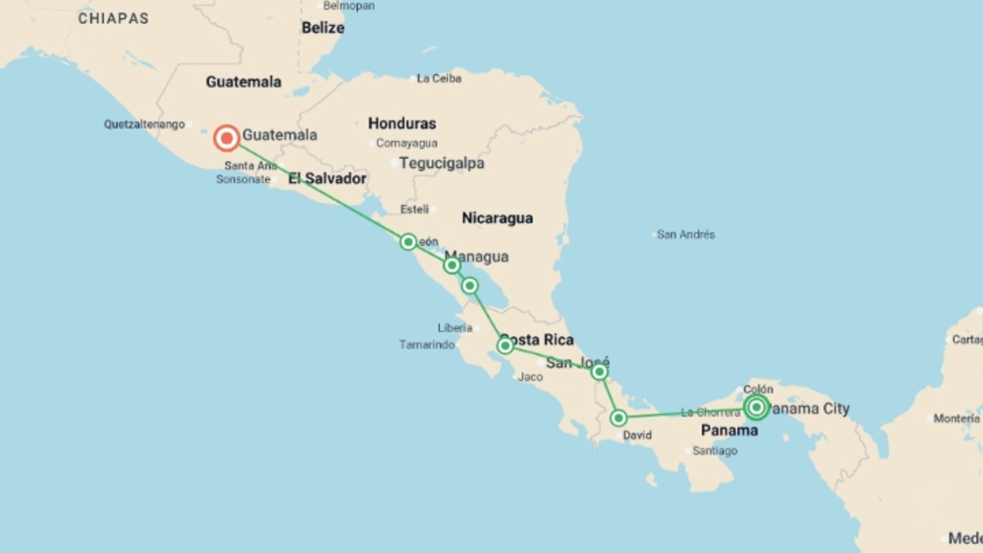 A map showing the tour itinerary for the trip: Wonders of Central America - 22 days, starting in Panama City, Panama and ending in Antigua, Guatemala going through 6 other destinations.