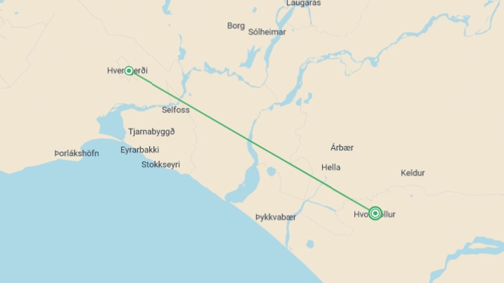 A map showing the tour itinerary for the trip: 2-Day Thórsmörk Exploration, starting in Hvolsvollur, Iceland and ending in Hvolsvollur, Iceland going through 2 other destinations.