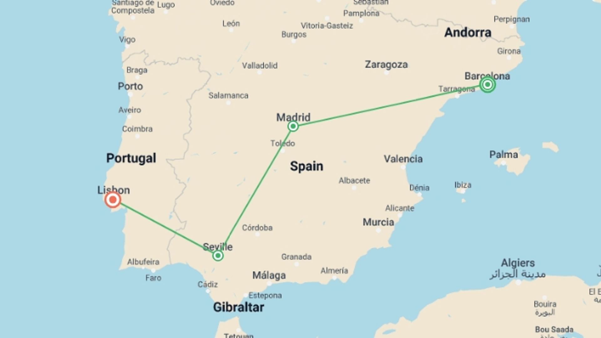 A map showing the tour itinerary for the trip: Great Iberian Cities, starting in Barcelona, Spain and ending in Lisbon, Portugal going through 3 other destinations.