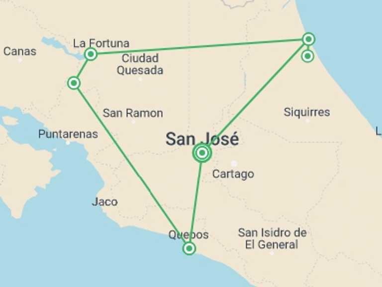 Map of 13-Day San Jose Tour with 8 destination visits for the trip: Essential Costa Rica With Extension To Manuel Antonio National Park, Manuel Antonio Beach & San Jose City