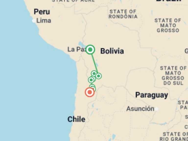 Map of San Pedro De Atacama Adventure Tour with 6 destination visits for the trip: Uyuni Salt Flats & Desert Adventure 4D/3N (La Paz to Atacama)