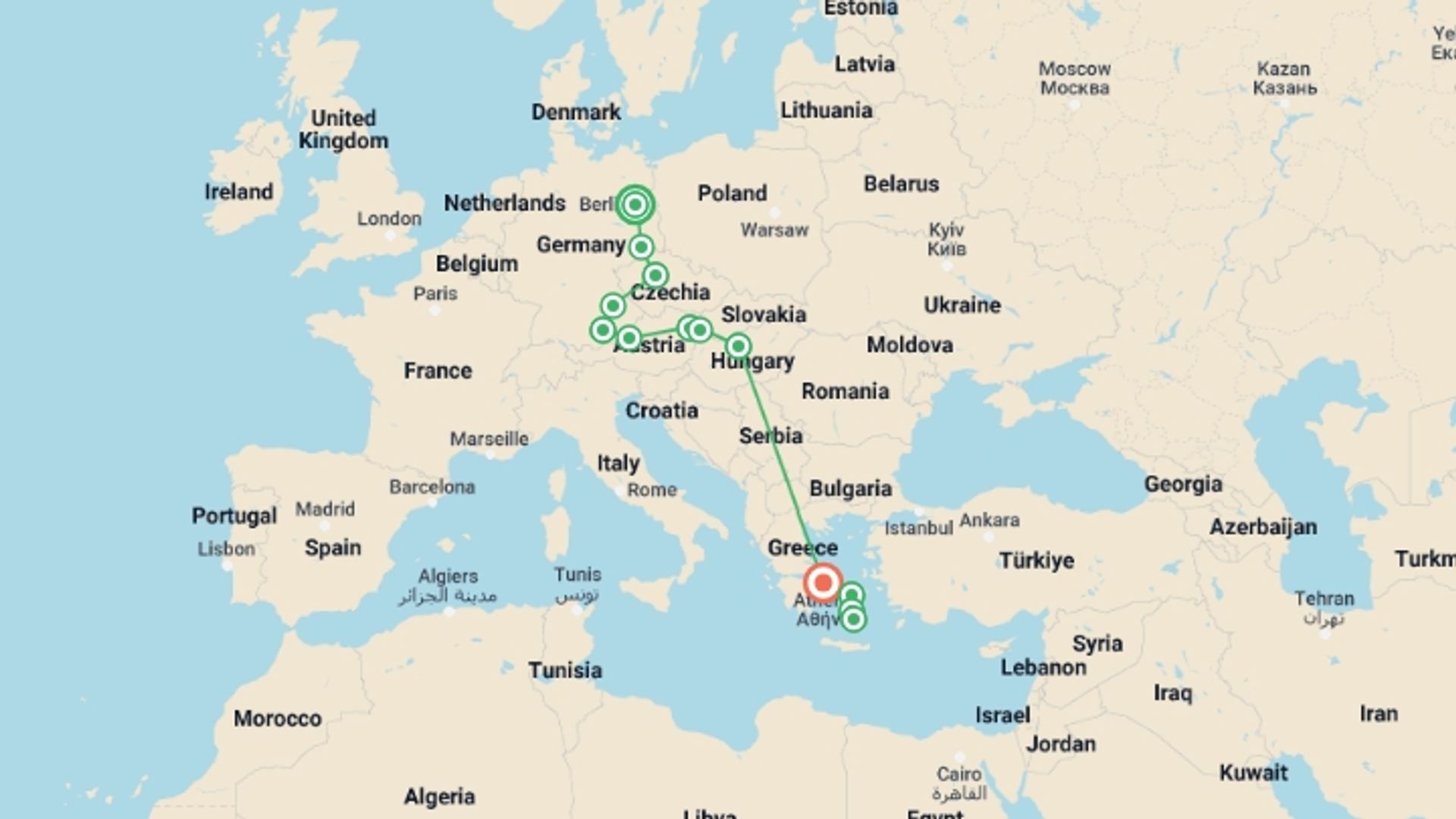 A map showing the tour itinerary for the trip: Best of Central Europe and Greece, starting in Berlin, Germany and ending in Athens, Greece going through 7 other destinations.