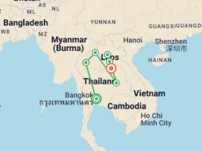 Map of Bangkok Local boat rides Tour with 7 destination visits for the trip: Thailand & Laos Adventure