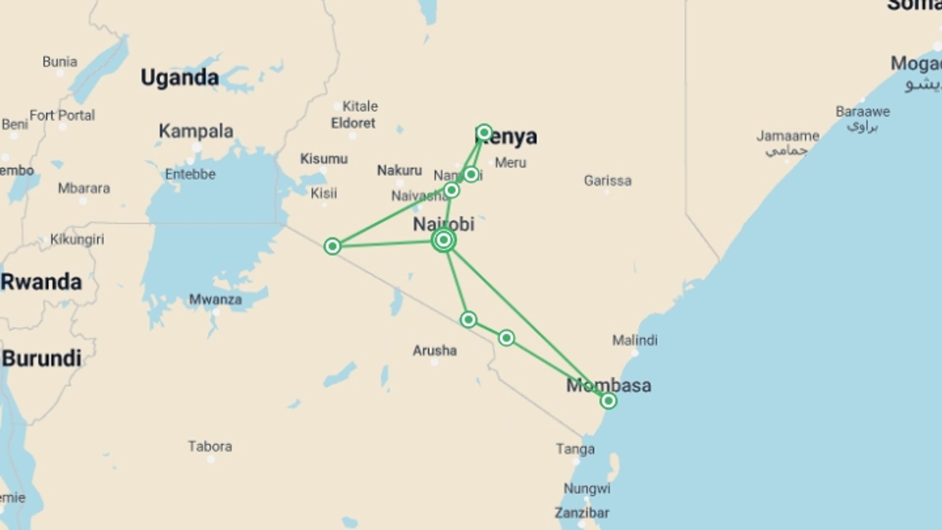 A map showing the tour itinerary for the trip: 16 Days Kenya Safari, starting in Nairobi, Kenya and ending in Nairobi, Kenya going through 7 other destinations.