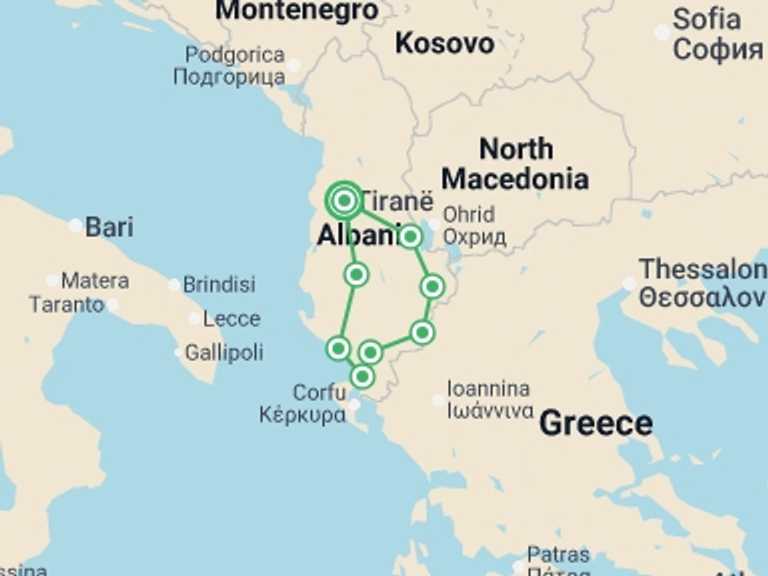 Map of 8-Day Balkans Tour with 7 destination visits for the trip: Cycle Albania