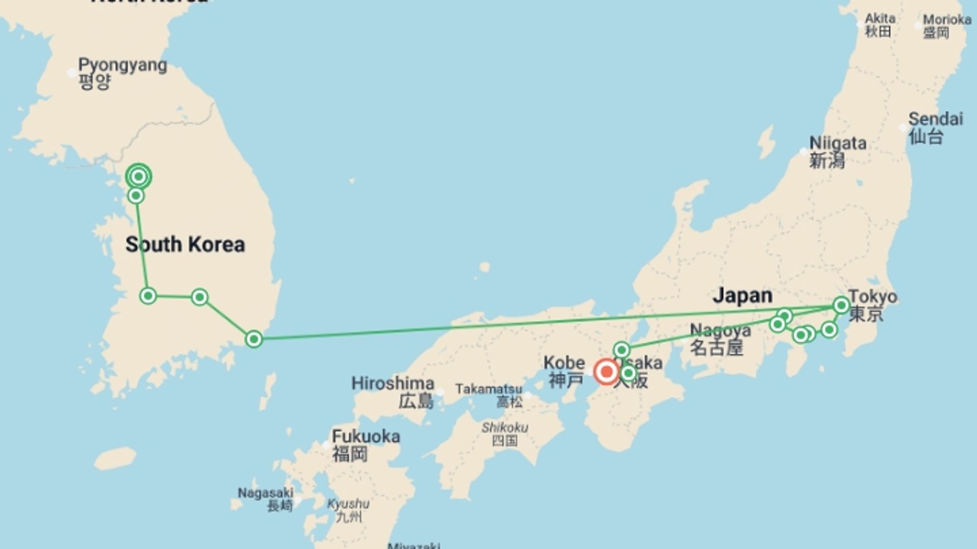 A map showing the tour itinerary for the trip: Korean Snapshots and Japan with Hakone, starting in Seoul, South Korea and ending in Osaka, Japan going through 5 other destinations.