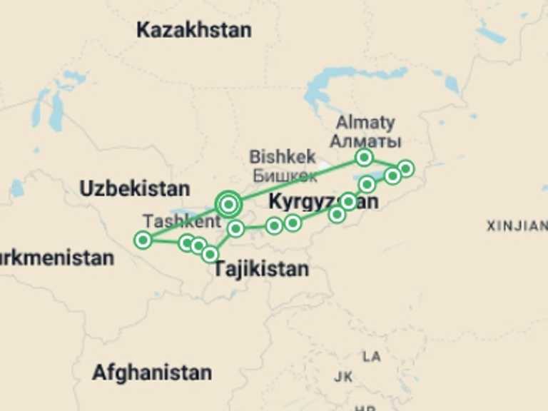 Map itinerary of Tashkent Tour in June 2026 with 14 destination visits for the trip: Silk Road Adventure