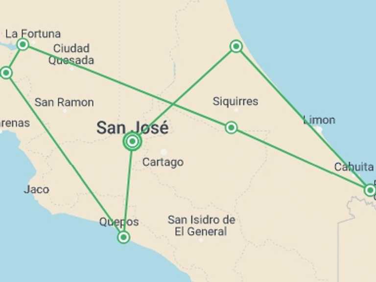 Map of a Waterfalls Tour with 8 destination visits for the trip: From the Caribbean Coast to the Pacific Side