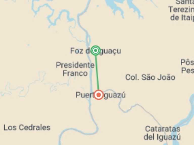 Map of Puerto Iguazu Adventure Tour with 2 destination visits for the trip: Iguazu Falls Adventure 4D/3N (Foz to Puerto)