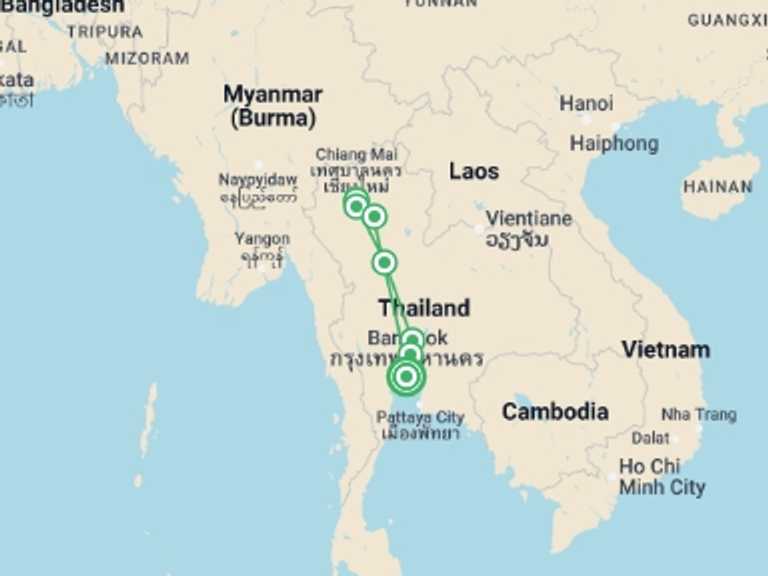 Map of Thailand Tour with 5 destination visits for the trip: Bangkok And Ancient Capitals, Small Group Tour
