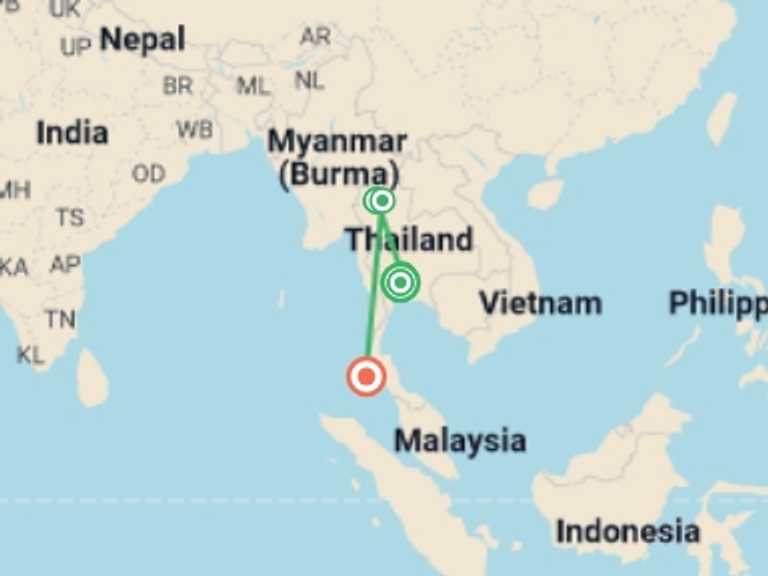 Map of Thailand Tour with 5 destination visits for the trip: A 13 Days Exquisite Thailand Adventure