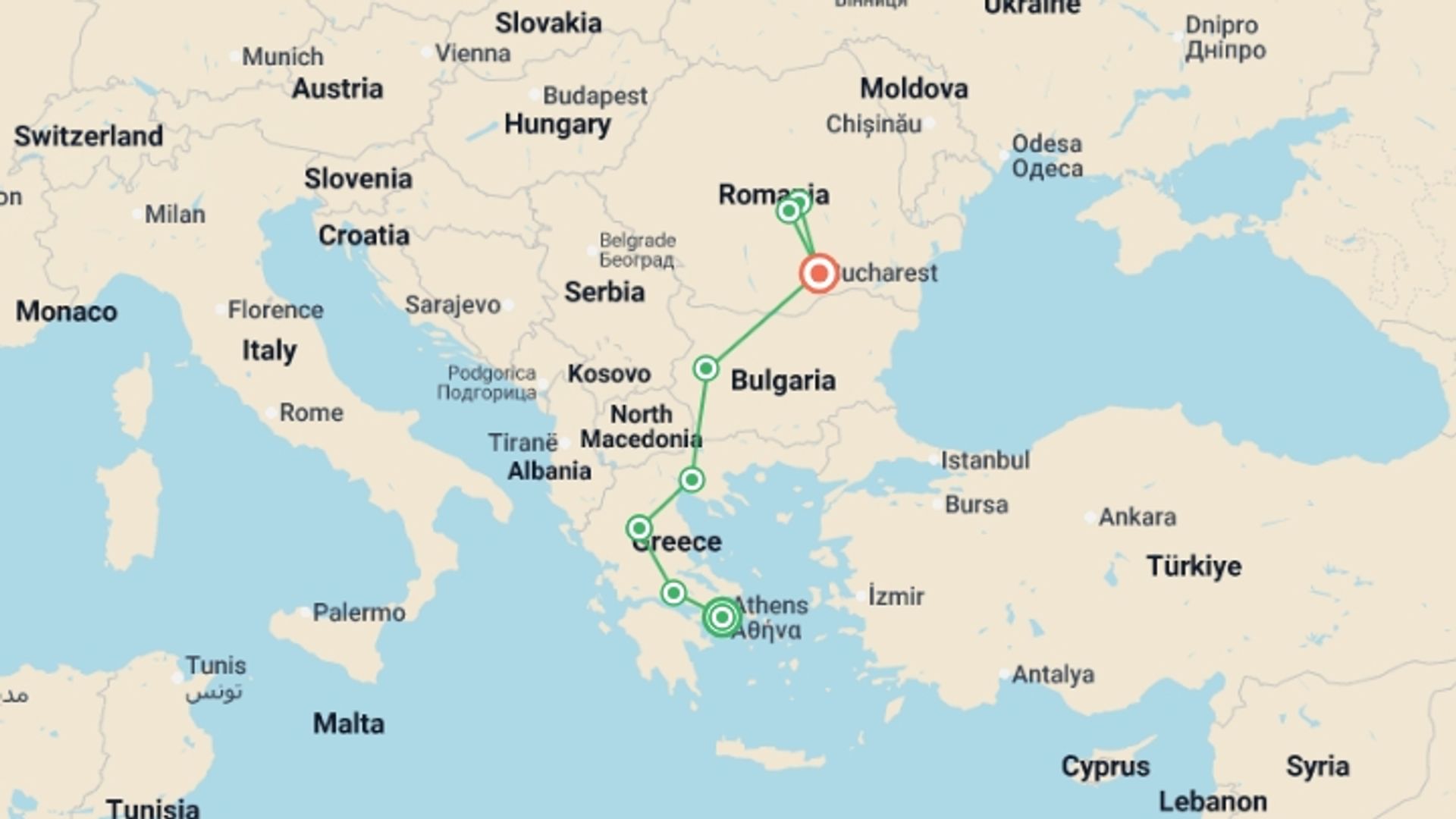 A map showing the tour itinerary for the trip: Greece to Romania - 9 days, starting in Athens, Greece and ending in Bucharest, Romania going through 3 other destinations.