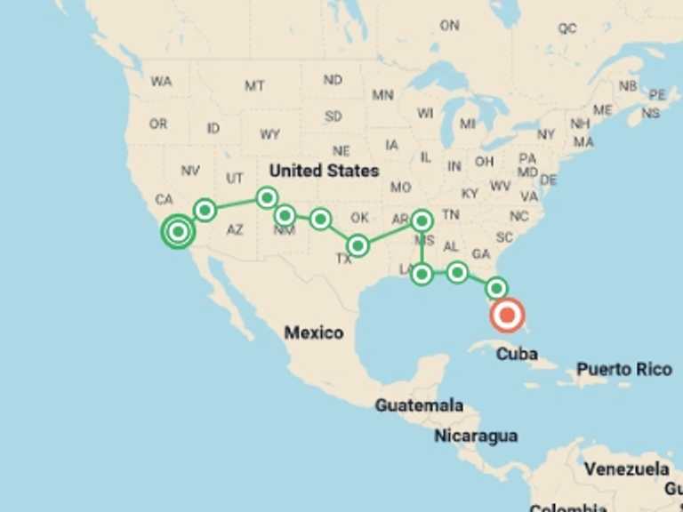 Map of a Deserts and canyons Tour with 11 destination visits for the trip: USA: LA to Miami