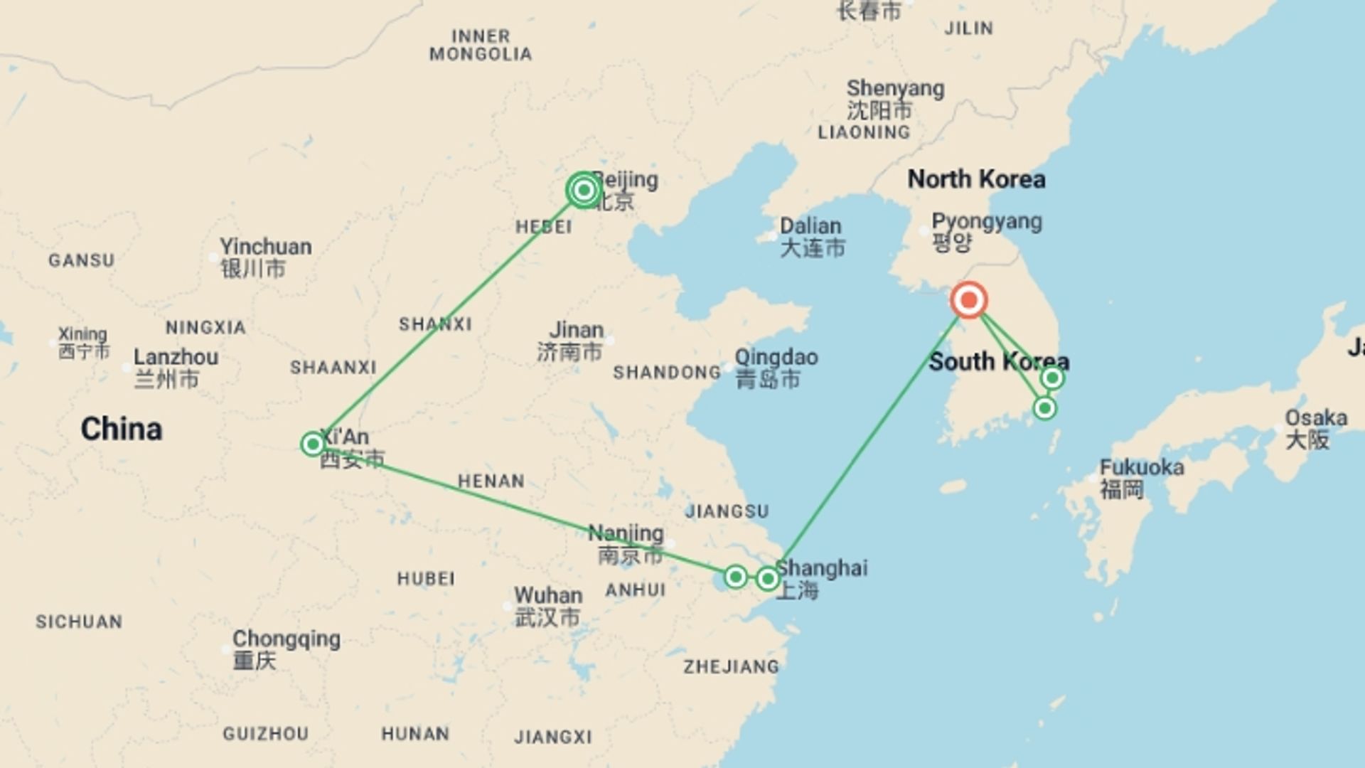 A map showing the tour itinerary for the trip: China and South Korea: East Asia Adventure, starting in Beijing, China and ending in Seoul, South Korea going through 5 other destinations.