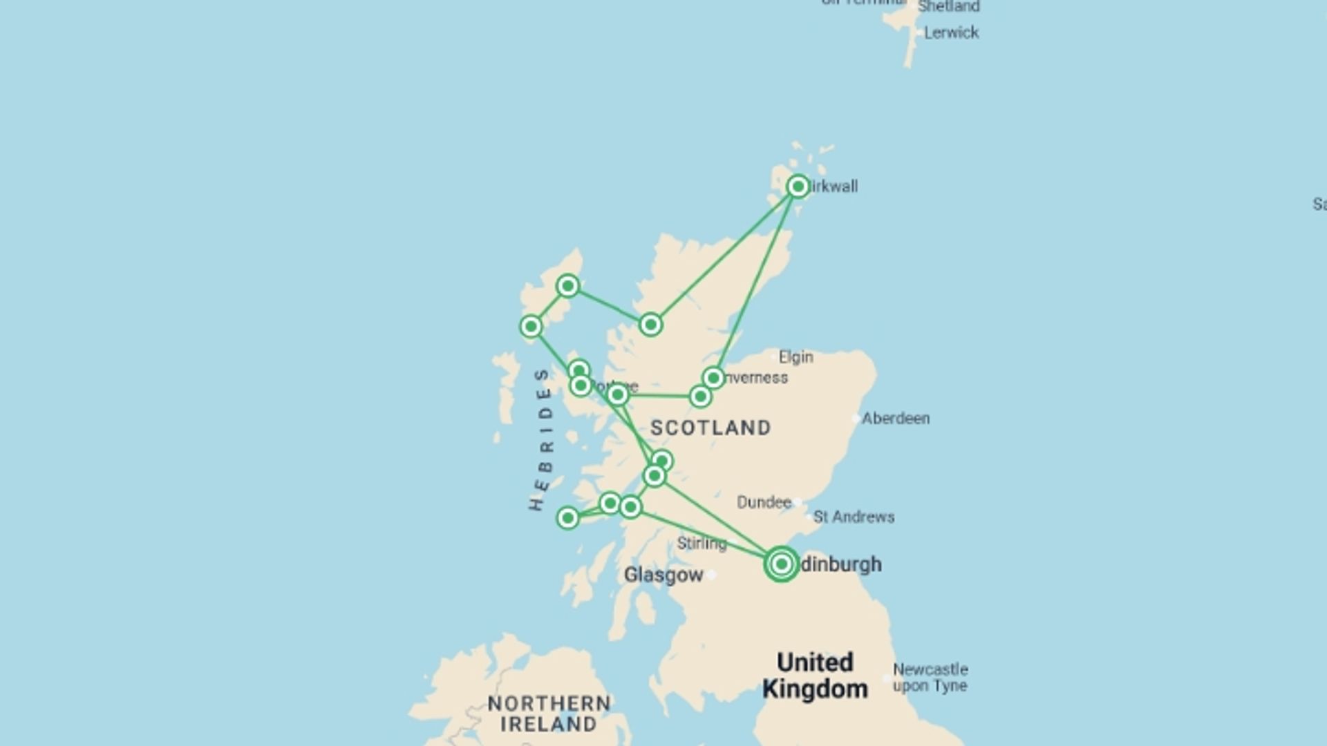 A map showing the tour itinerary for the trip: Scottish Islands Grand Tour - 14 days, starting in Edinburgh, Scotland and ending in Edinburgh, Scotland going through 9 other destinations.