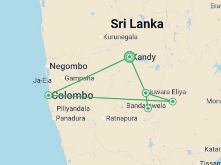 Map itinerary of Asia Tour in Winter with 4 destination visits for the trip: Sri Lanka Hill Country & Heritage Escape, Private Tour