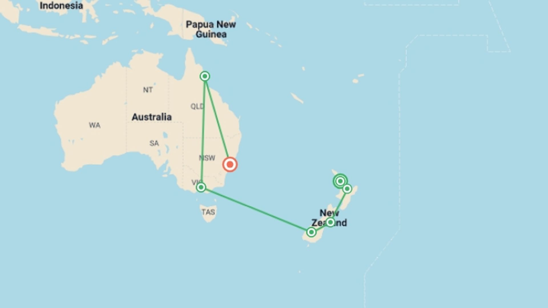 A map showing the tour itinerary for the trip: Highlights of New Zealand and Australia, starting in Auckland, New Zealand and ending in Sydney and NSW, Australia going through 6 other destinations.