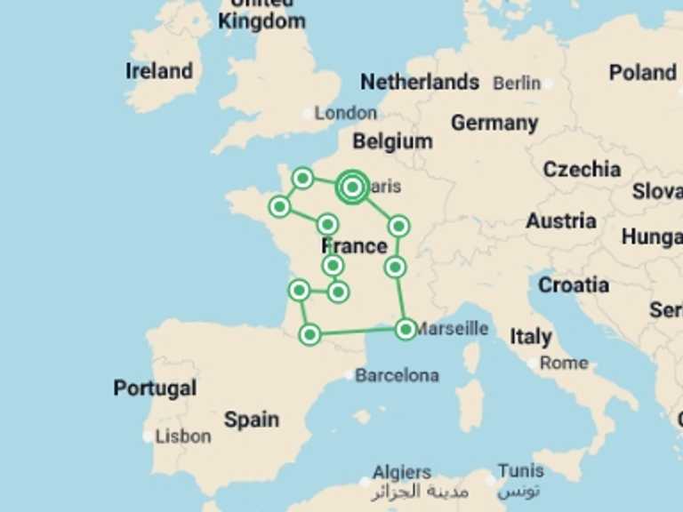 Map itinerary of France Tour in August 2026 with 11 destination visits for the trip: Explore your France