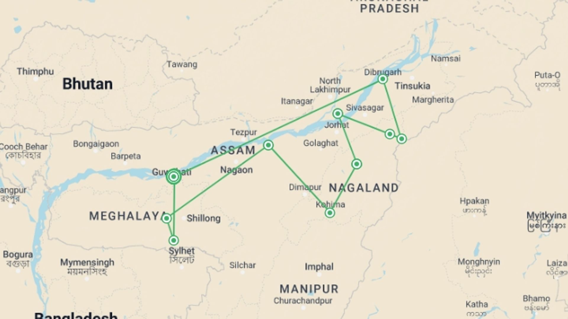 A map showing the tour itinerary for the trip: Highlights of Assam and Nagaland, starting in Guwahati, India and ending in Guwahati, India going through 12 other destinations.