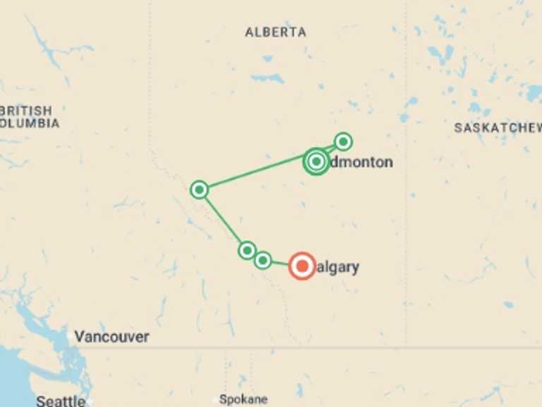 Map of Canada Tour with 6 destination visits for the trip: Signature: Canada's Rocky Mountains, Banff & Indigenous Traditions