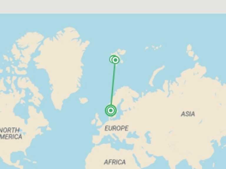 Map of a Adventure and sport Tour with 2 destination visits for the trip: Oslo & Svalbard Discovery - 8 days