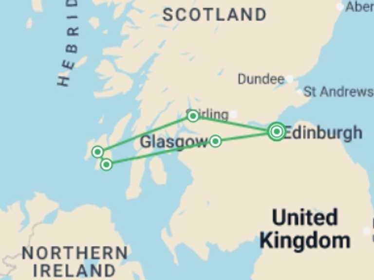 Map itinerary of Europe Tour in Fall with 3 destination visits for the trip: Islay Whisky Experience - 4 days 