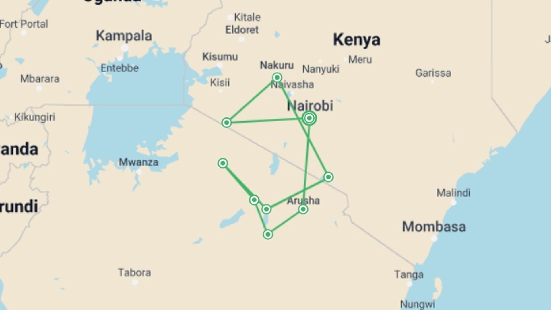 A map showing the tour itinerary for the trip: East African Explorer, Keekorok And Serena Lodges (multi Country), starting in Nairobi, Kenya and ending in Nairobi, Kenya going through 7 other destinations.