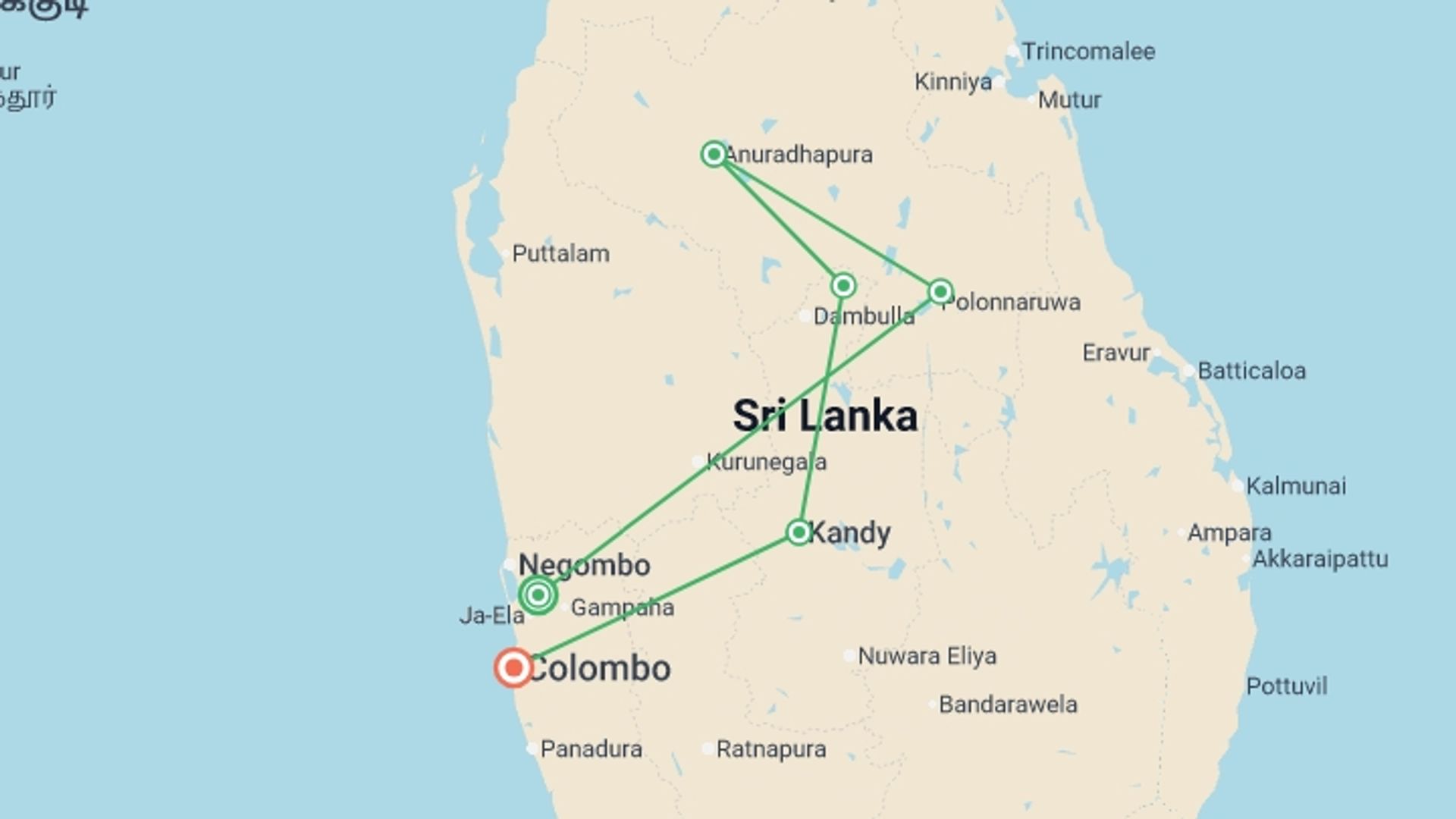 A map showing the tour itinerary for the trip: Sri Lanka Discover Luxury Small Group Tour, starting in Kotugoda, Sri Lanka and ending in Colombo, Sri Lanka going through 4 other destinations.