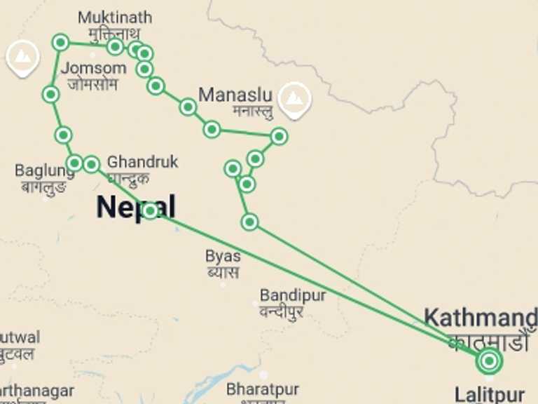 Map itinerary of Kathmandu Tour in September 2026 with 18 destination visits for the trip: Annapurna Circuit Trek