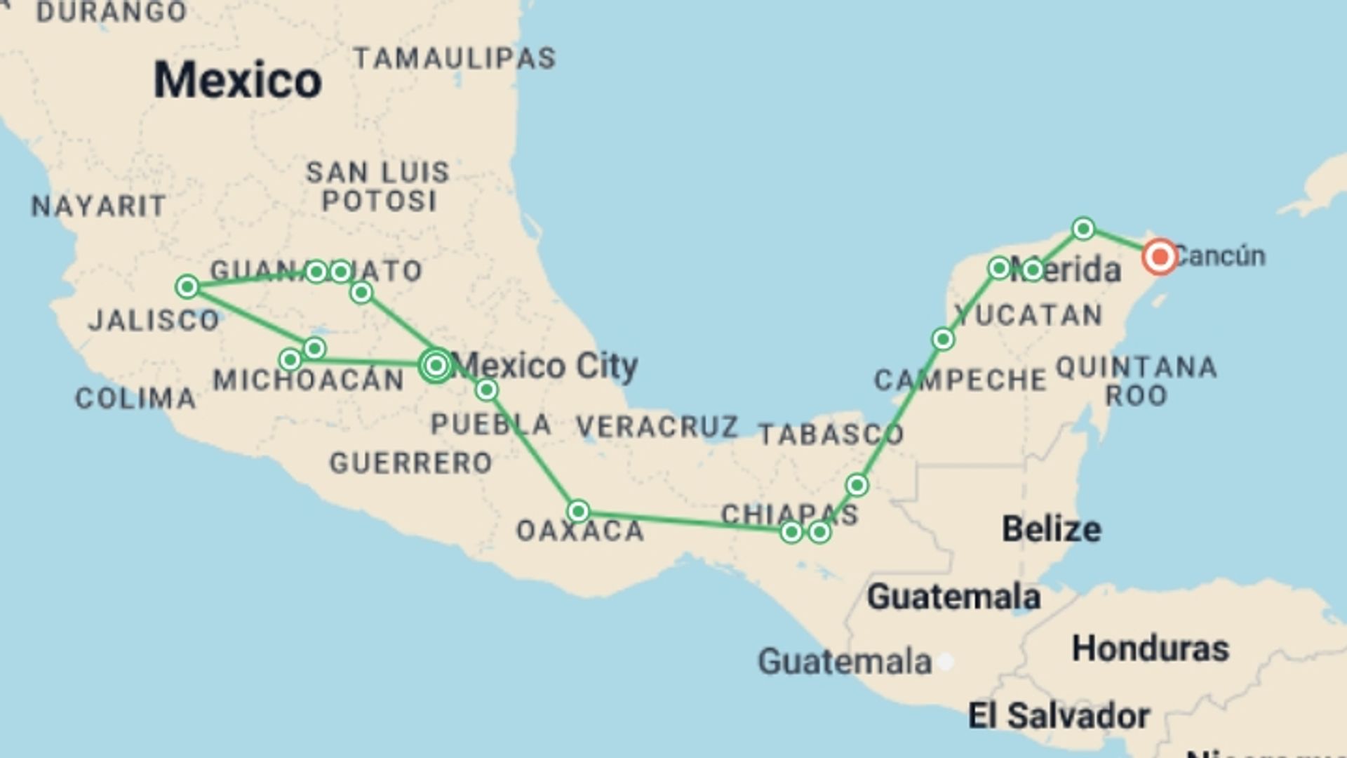 A map showing the tour itinerary for the trip: The Mariachi route, starting in Mexico City, Mexico and ending in Cancún, Mexico going through 12 other destinations.