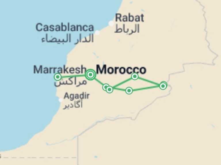 Map of Mediterranean Tour with 7 destination visits for the trip: Morocco Family Adventure & Beach - 12 days