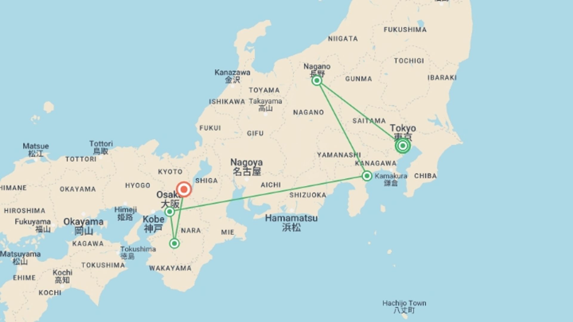 A map showing the tour itinerary for the trip: Japan Adventure 13 Day, starting in Tokyo, Japan and ending in Kyoto, Japan going through 4 other destinations.