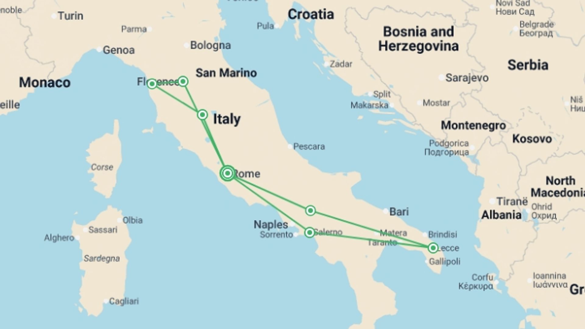 A map showing the tour itinerary for the trip: Amalfi, Apulia & Tuscany - 13 days, starting in Rome, Italy and ending in Rome, Italy going through 6 other destinations.